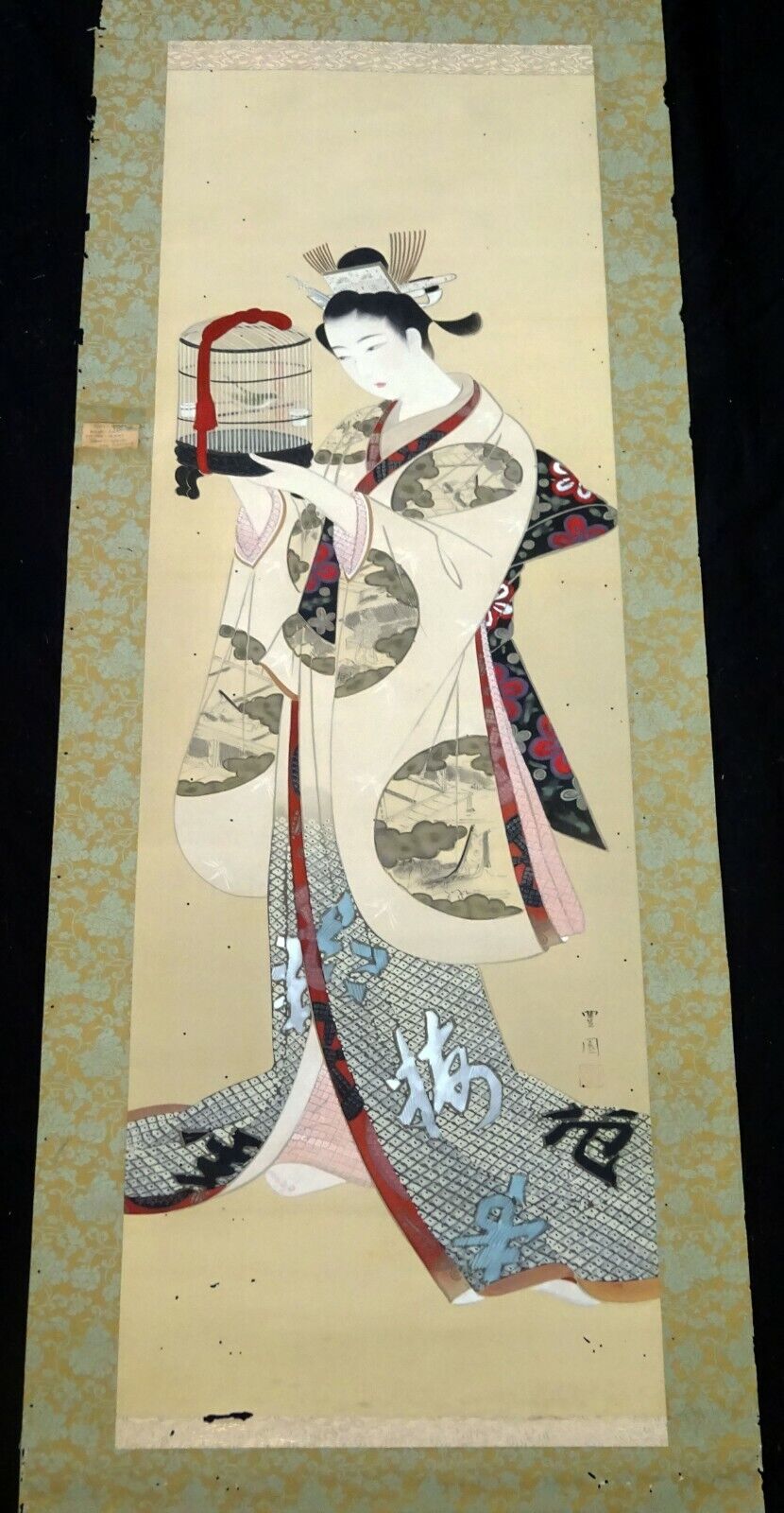 Japanese Taisho Showa Bijin Painting Beautiful Woman w. Bird Cage signed (Fuj)