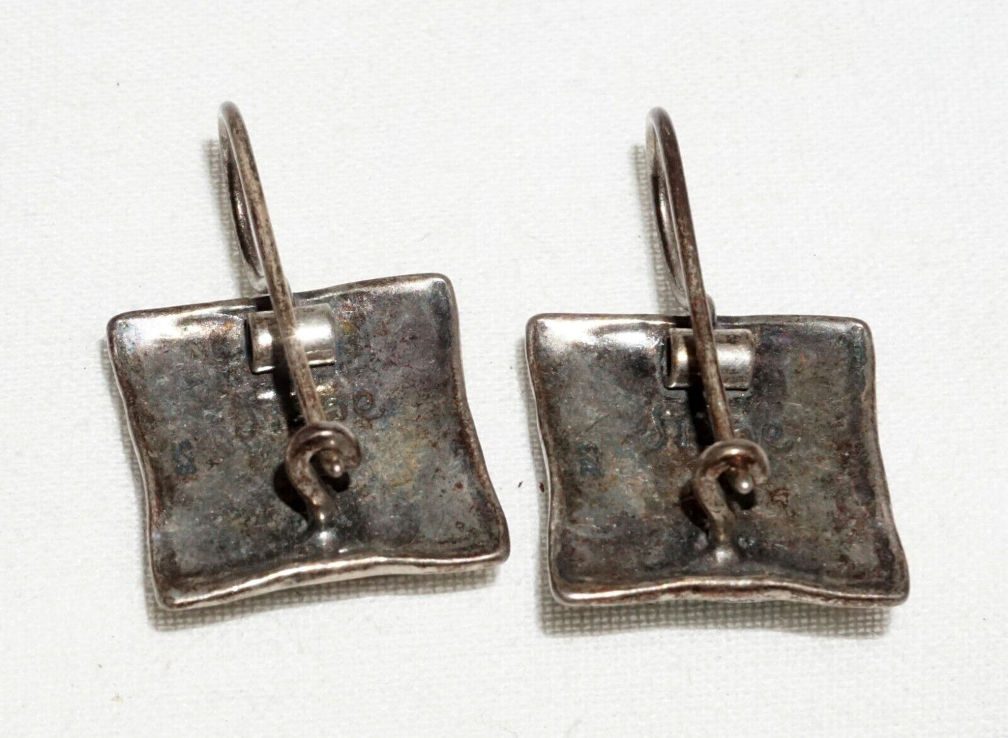 Vintage Sterling Silver Pierced Ear Earrings w. Square Turquoise Accents (---)