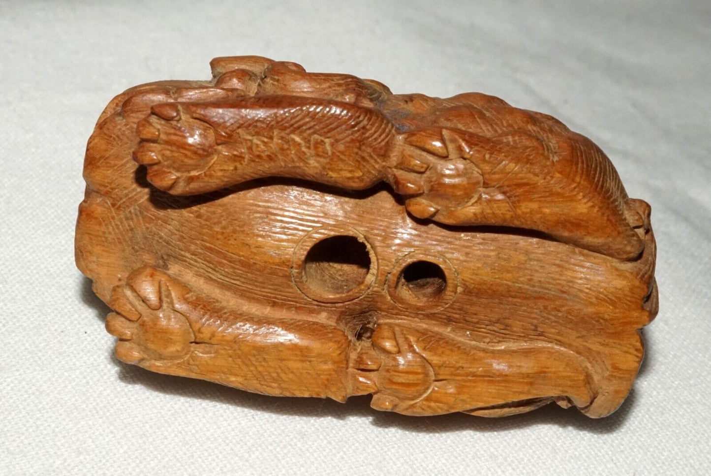 Vintage Japanese Wooden Carved Netsukes Squatting Lion Dog signed (FeH