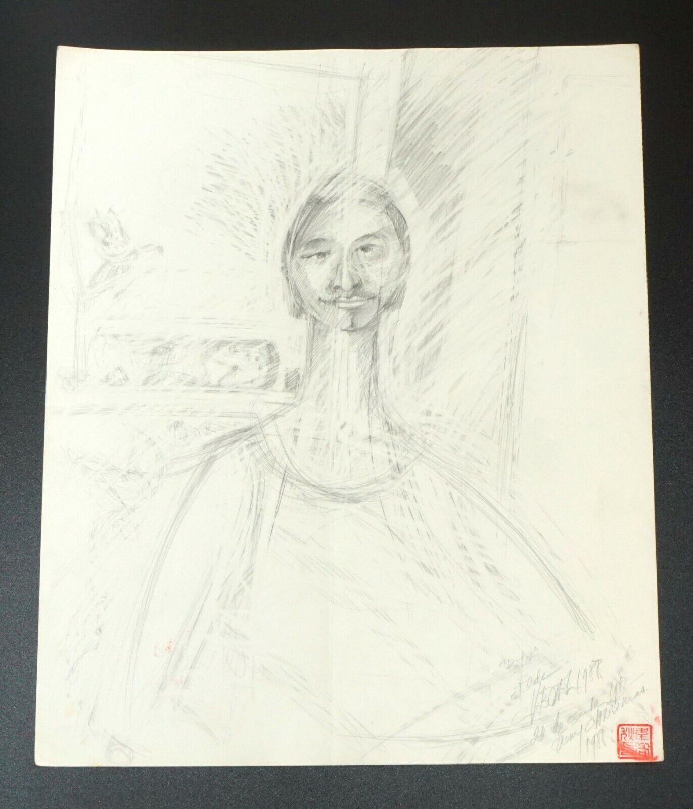 France Hawaii Outsider Art Pencil Drawing Xmas Portrait by Claude Vedel (EtJ)#72