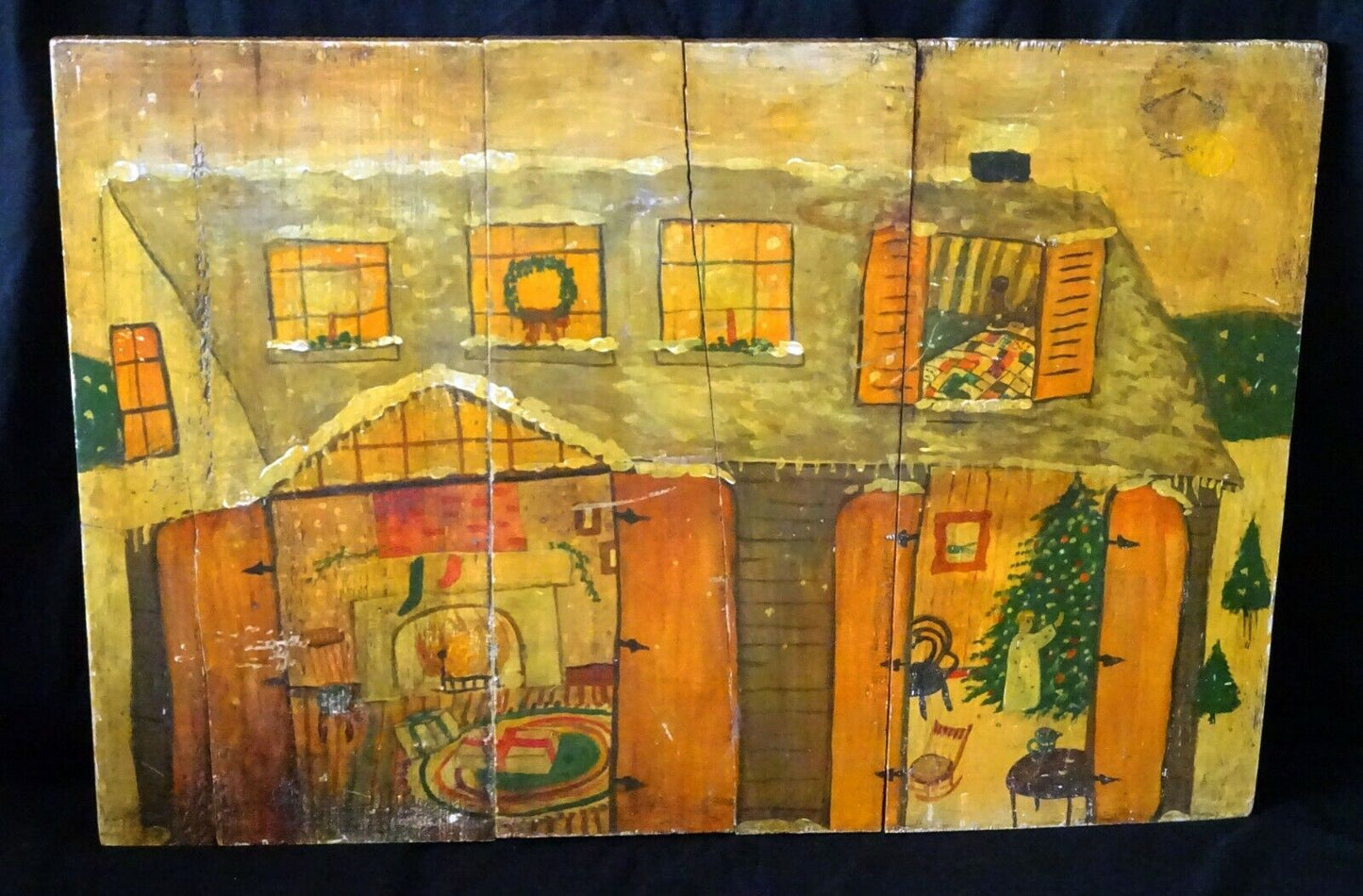 Vintage Naive Folk Art Painting on Boards Christmas Home w. Tree unsigned (HoL)