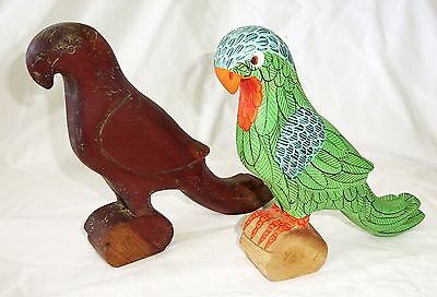 2x 1980s Haitian Wooden Parrot Bird Carvings Sculptures (Stea)