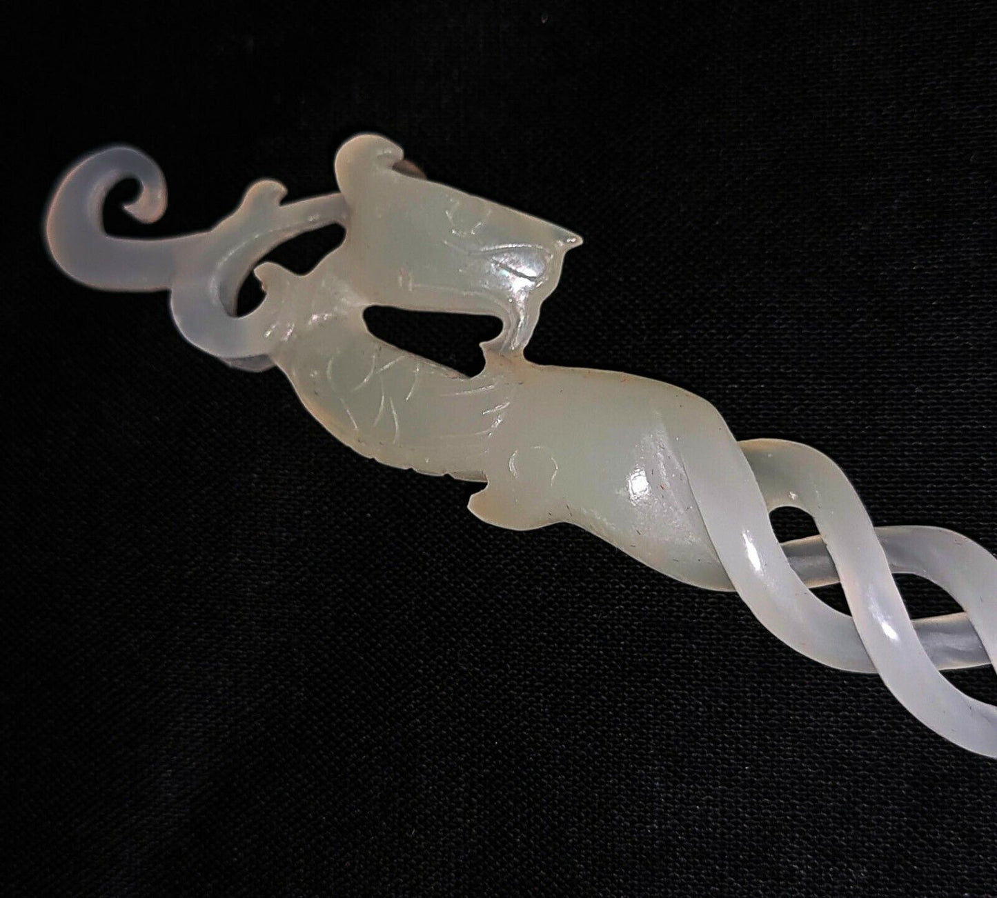 Vintage Chinese Pierced Spiral White Jade Hairpin Extremely Fine Carved (AHB)