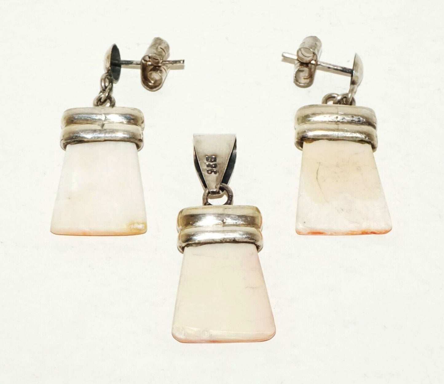 3Pc South Sea Sterling Silver Earrings & Pendant w. Pink Shell Accents (LeP)#19