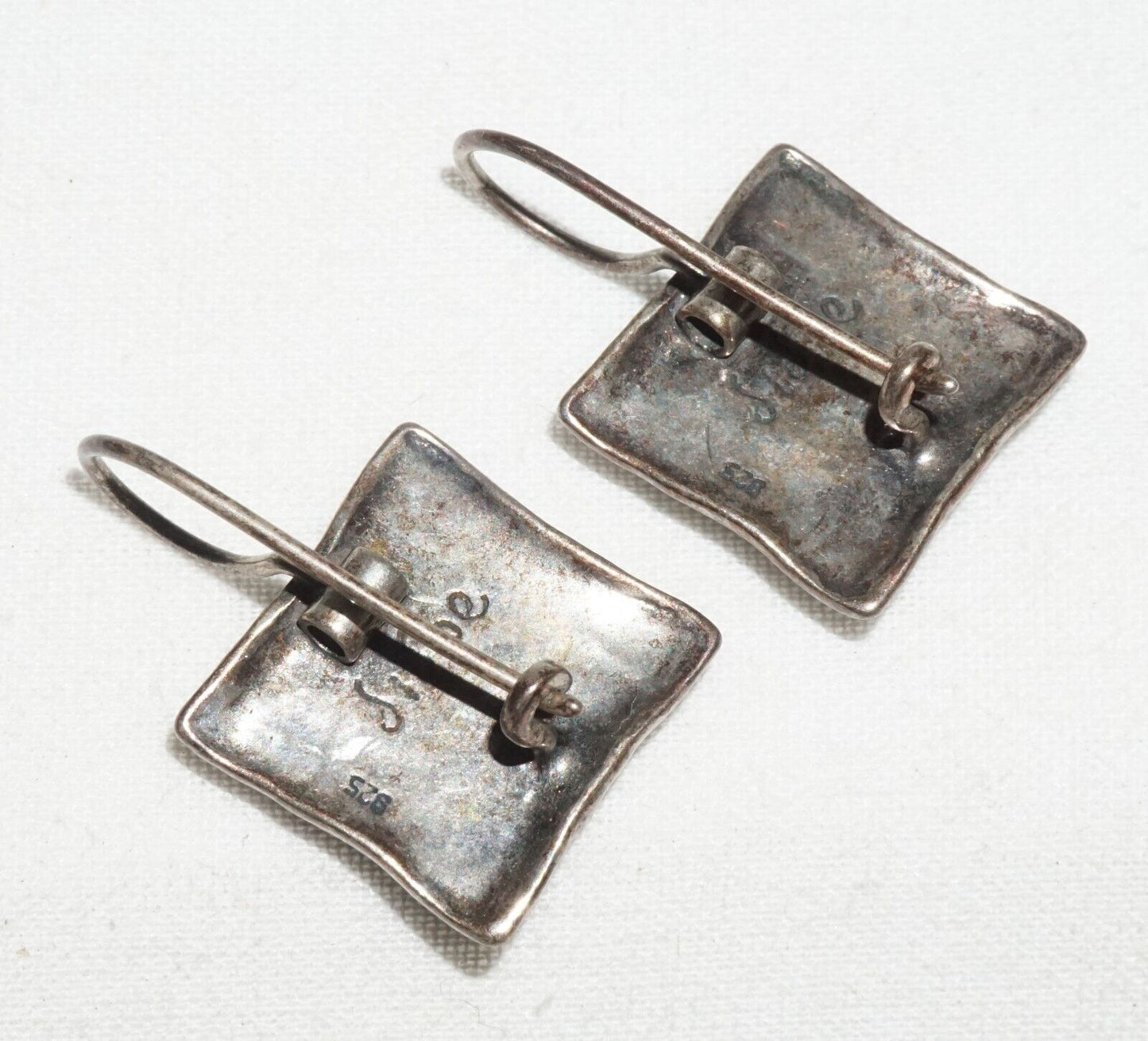 Vintage Sterling Silver Pierced Ear Earrings w. Square Turquoise Accents (---)