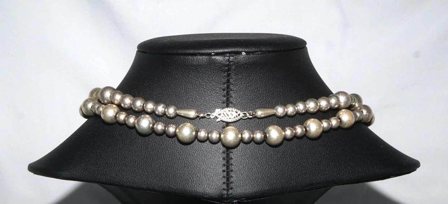 Vintage Silver Dark Tone Beaded Necklace w Fish Clasp - 40 inches (QuC)