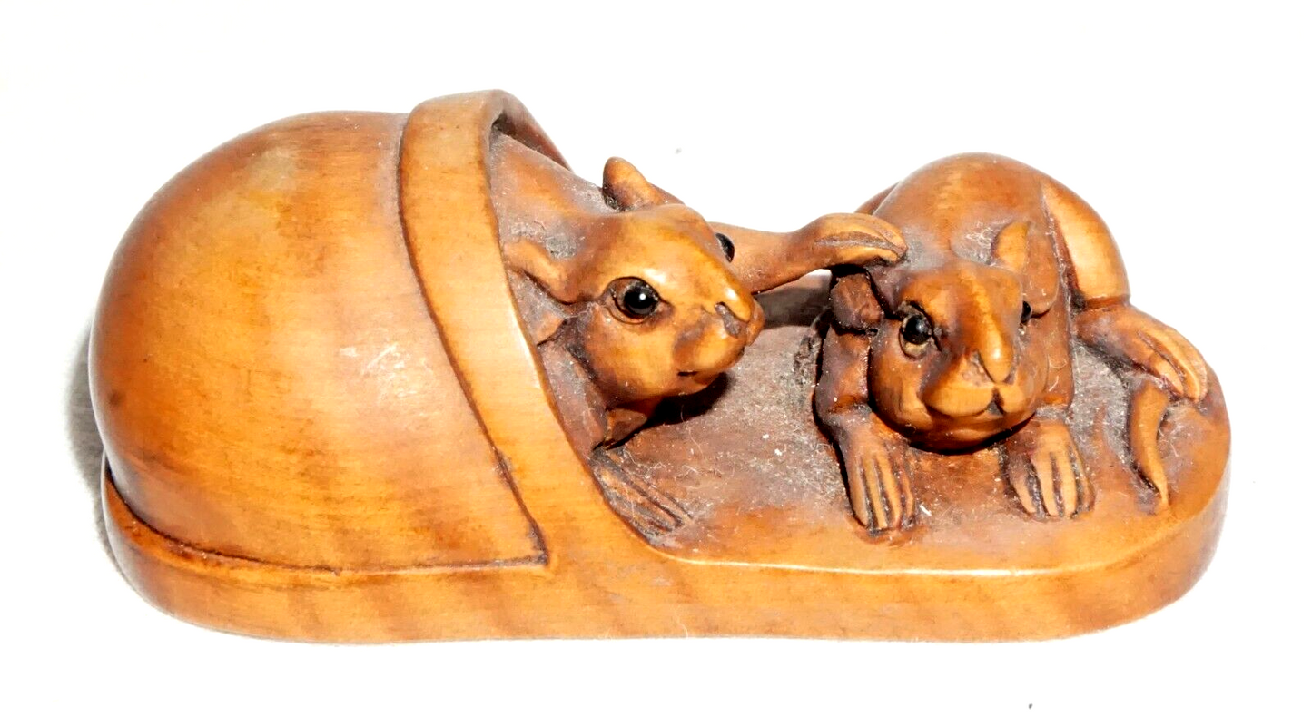 Vintage Japanese Carved Wooden Netsuke Two Mice in a Loafer (FeH