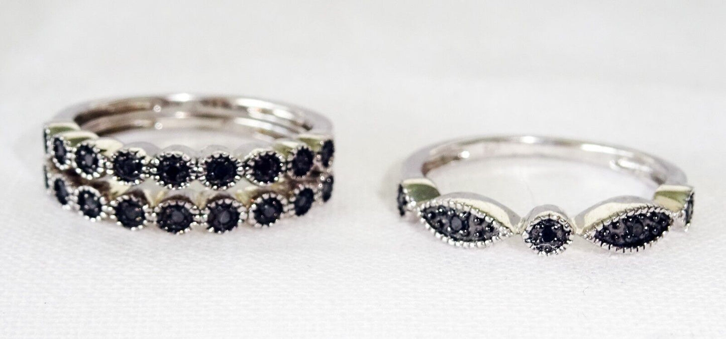 3x Vintage Sterling Silver Rings Sz 5.25 set w. Black Diamonds (Ng)