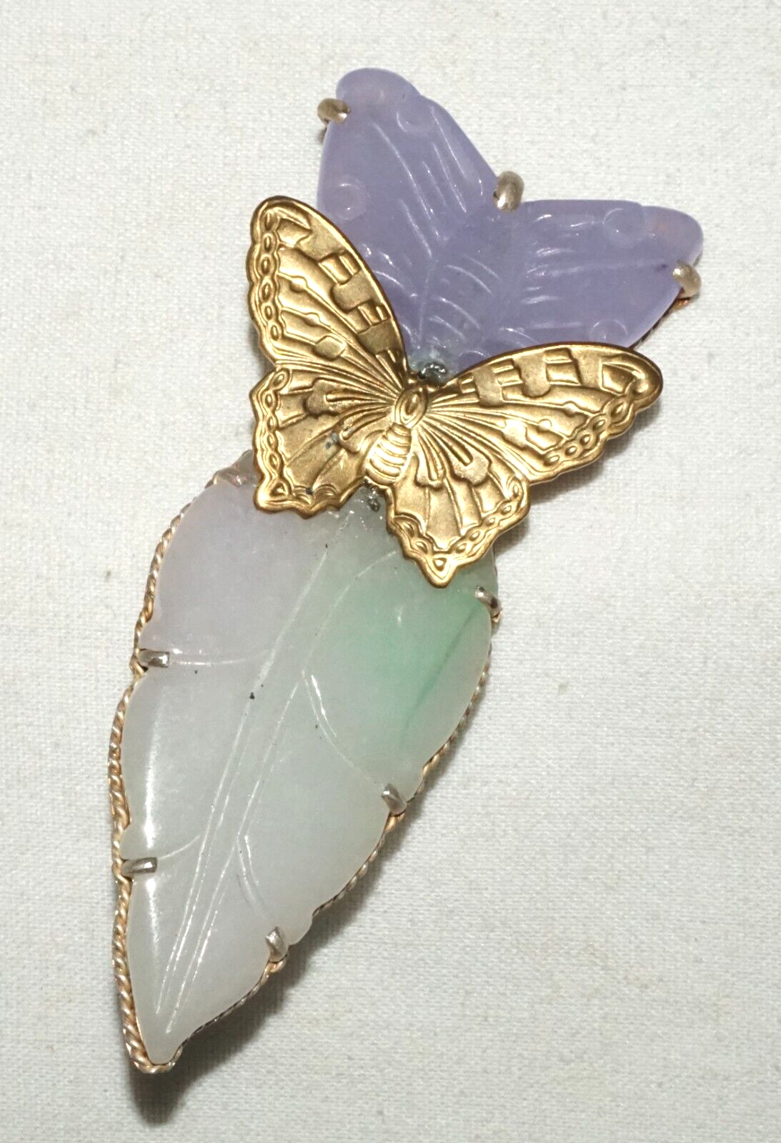 Vintage Chinese Fashion Lavender Jade Butterfly & Leaf Brooch Pendant (LeP)