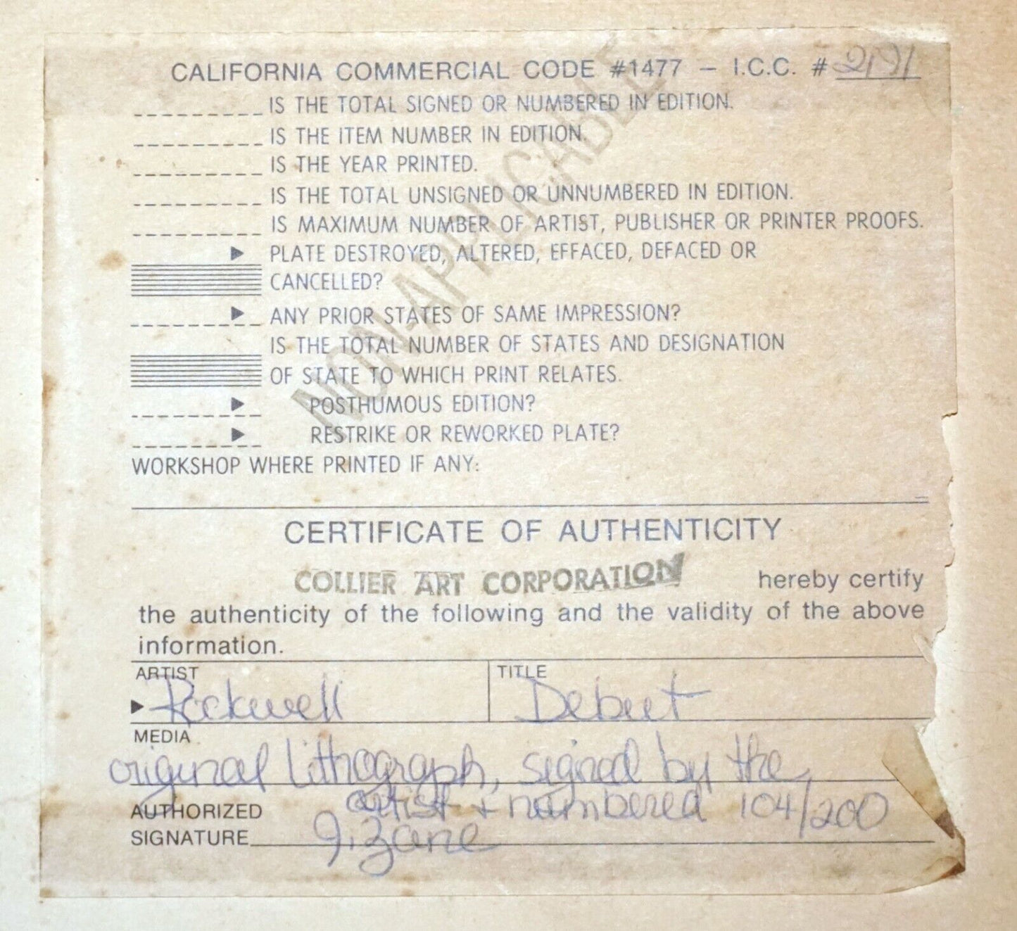 1976 US Litho Print 104/200 "Debut" by Norman Rockwell (1894-1978)(ShR)