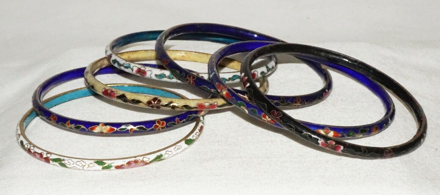 7Pc Vintage Chinese Multicolor Cloisonne Bangle Bracelet Lot w. Floral (LeS)L25