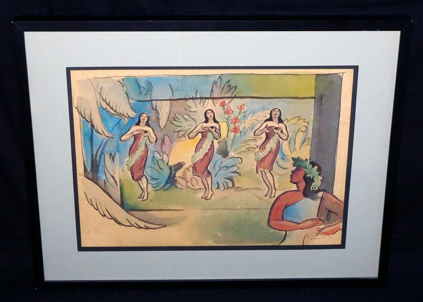 '40s Hawaii Ink & WC Painting Hula Dancers Robert L. Eskridge (1891-1975)(BeG)