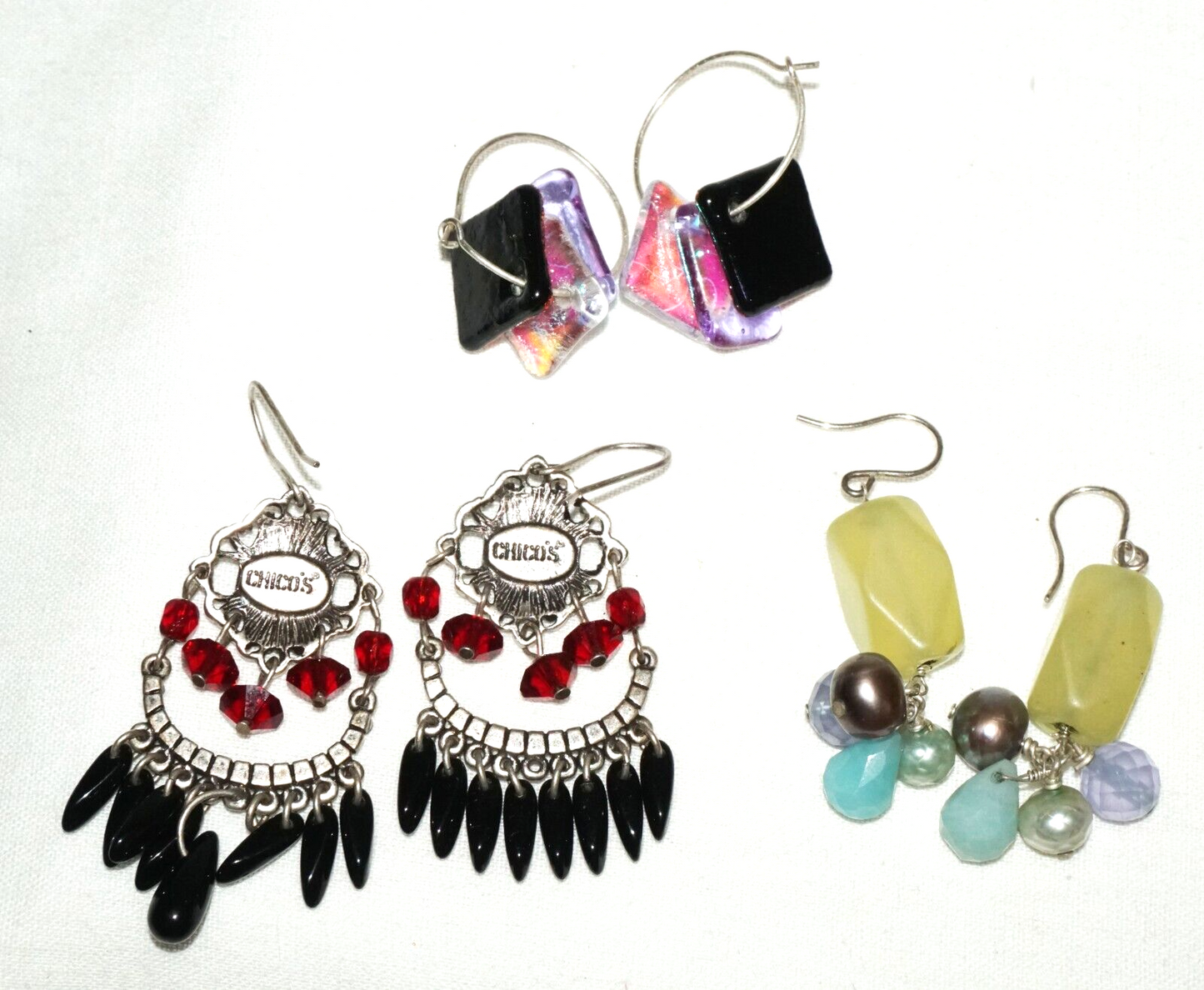 3x Pairs Fun Fashion Earrings w. Colorful Glass, Pearls & Gemstones (KoS) L12