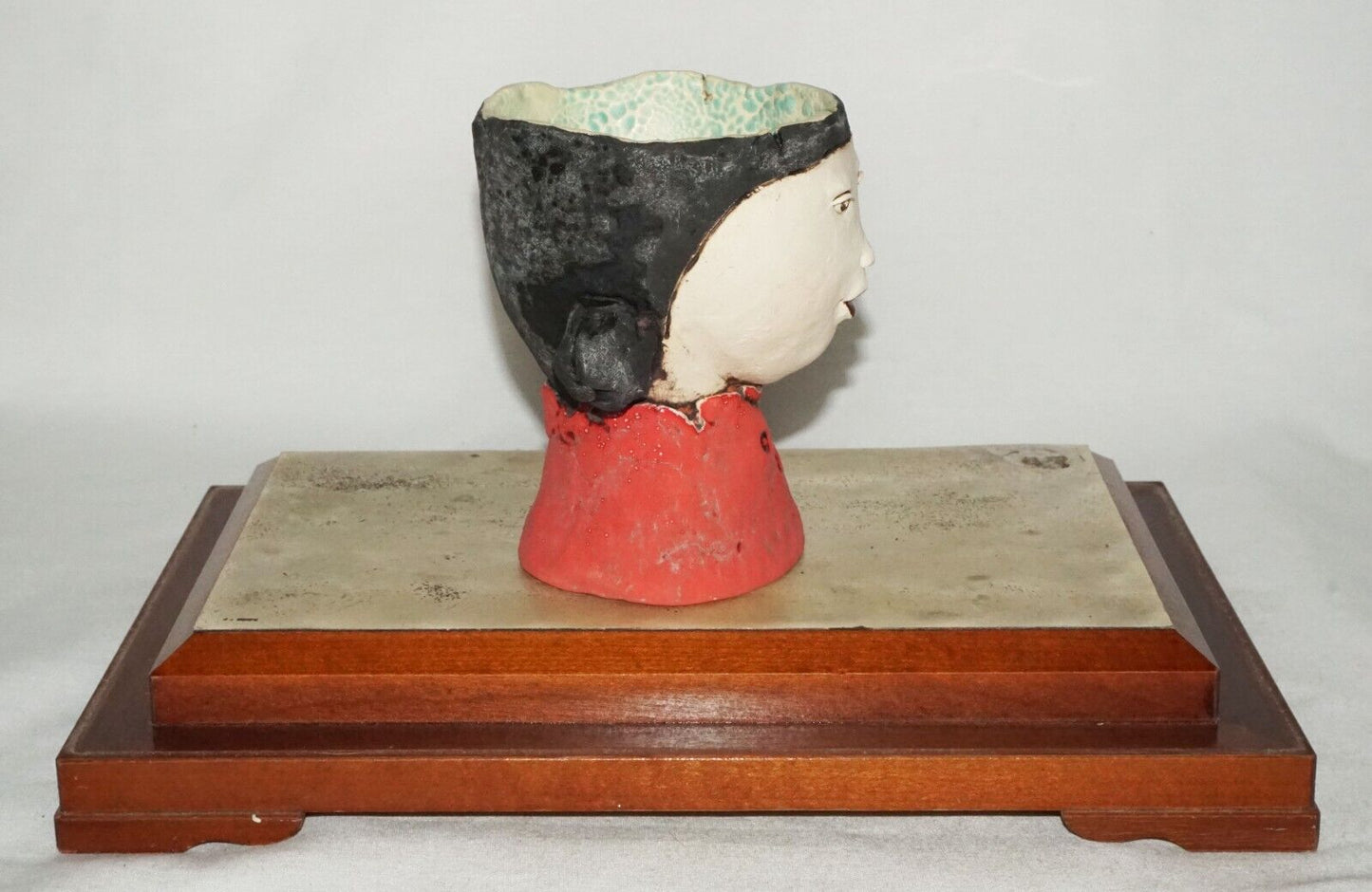 Contemp. Hawaii Pottery Sculpture Girl Cup on Stand in Box by Jo Rowley (CuM)