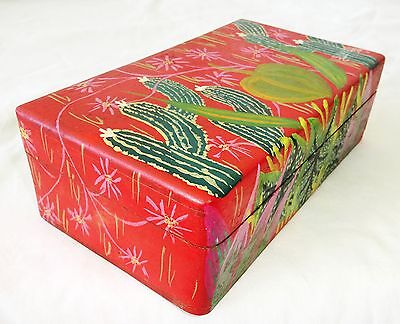 1980s Haitian Wooden Covered Boxes w Painted Cactus Motif by S. Bazile (Stea)
