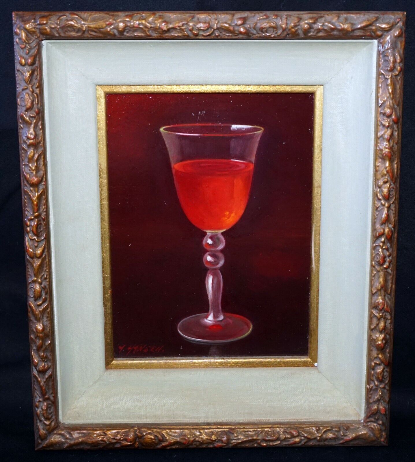 Vintage US Framed Oil Still Life Painting Glass of Red Wine by A. Hansen (FeO)