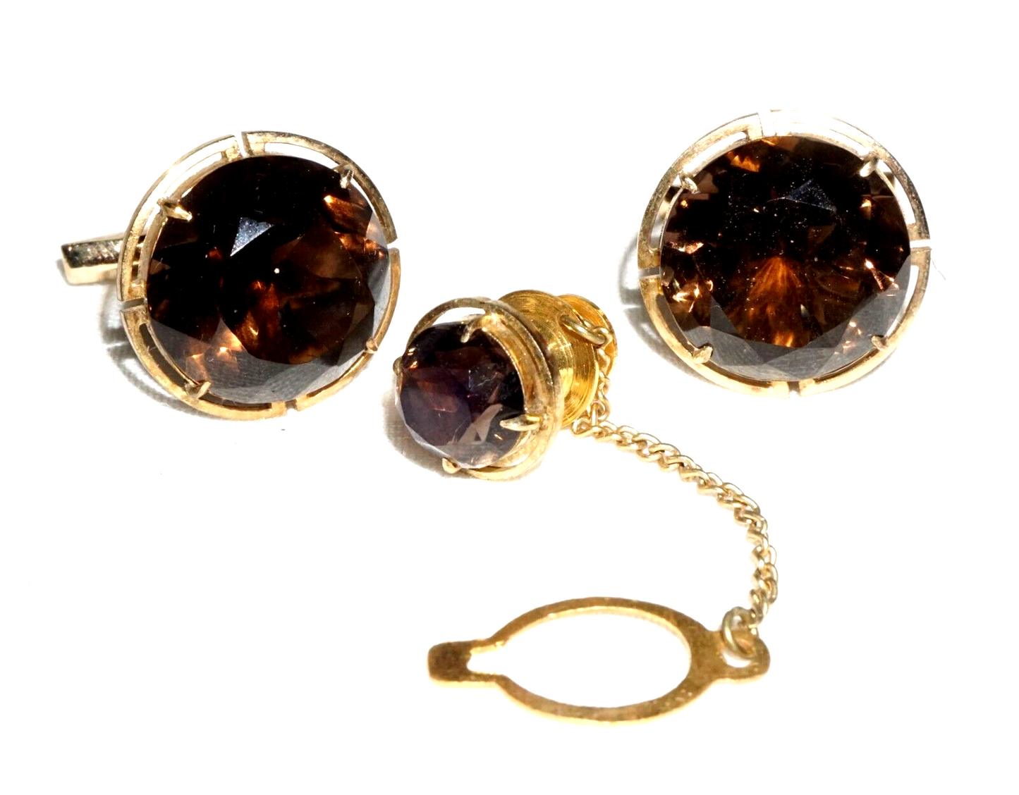 3Pc Vintage Gold Plated Silver Cufflinks & Tie Tack w. 3x Smokey Quartz (---)