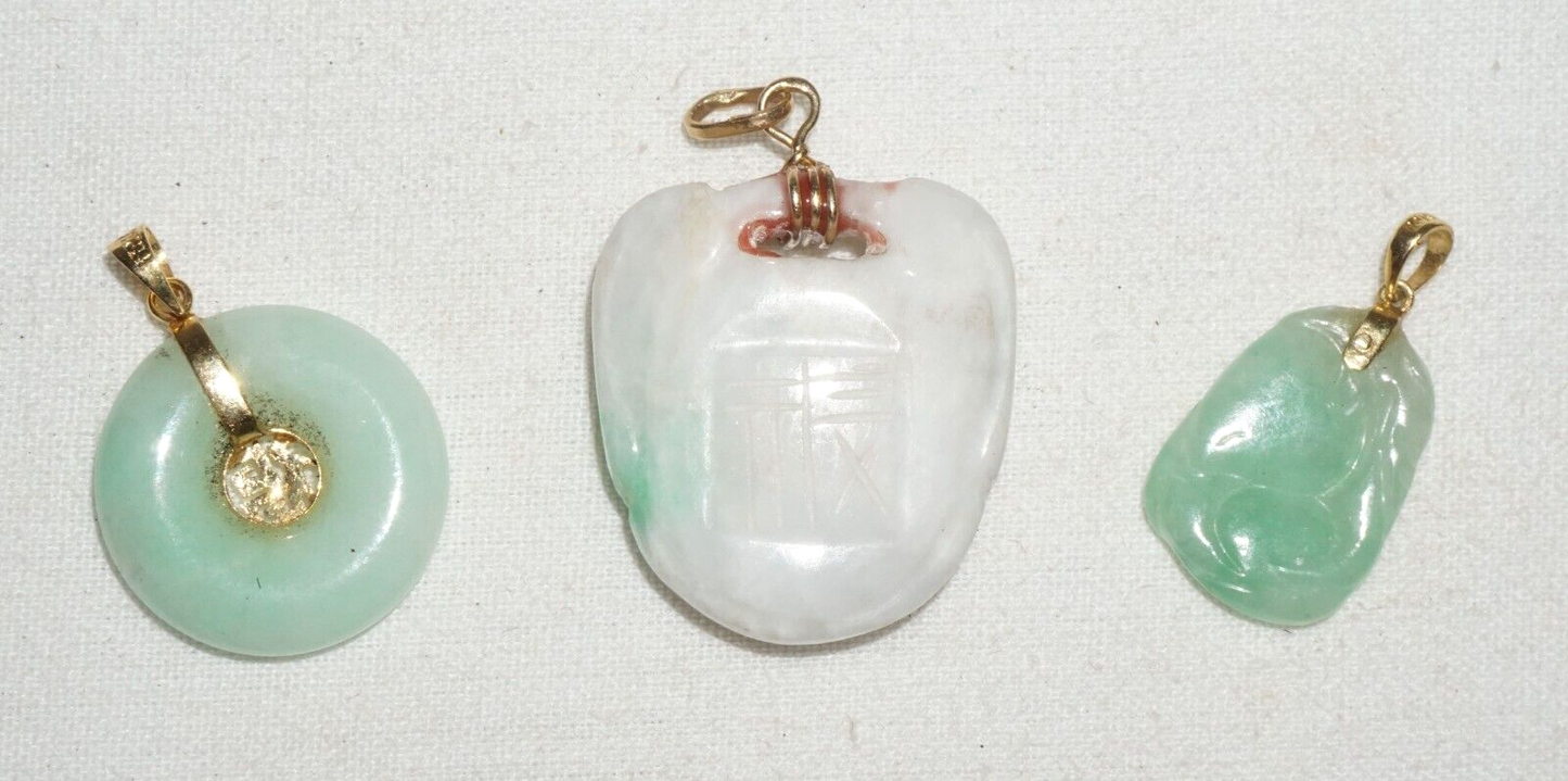 3Pc Vintage Chinese Miniature Jadeite Jade Carved Pendants Lot (***)