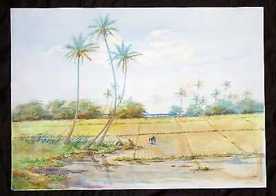 19C Hawaii Watercolor Painting "Rice Planting under Palms" by A. Focke (Geo)