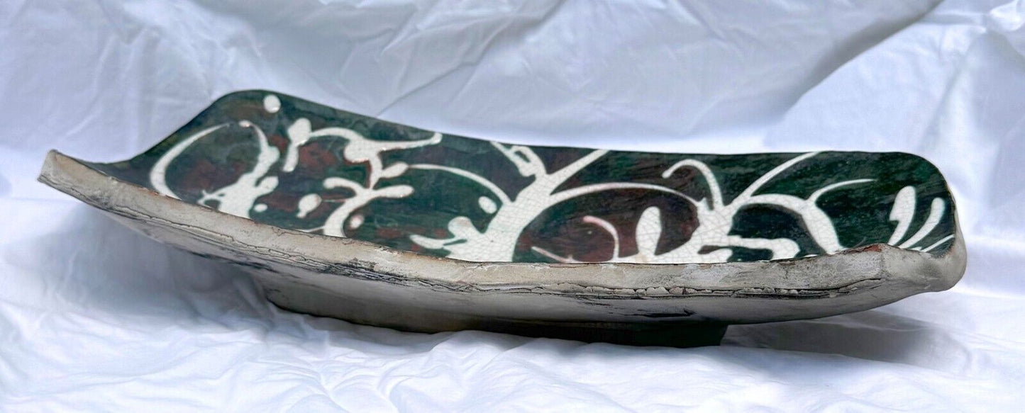 Vintage Abstract Deep Red & Green Swirled Ceramic Platter by David Kuraoka (MoM)