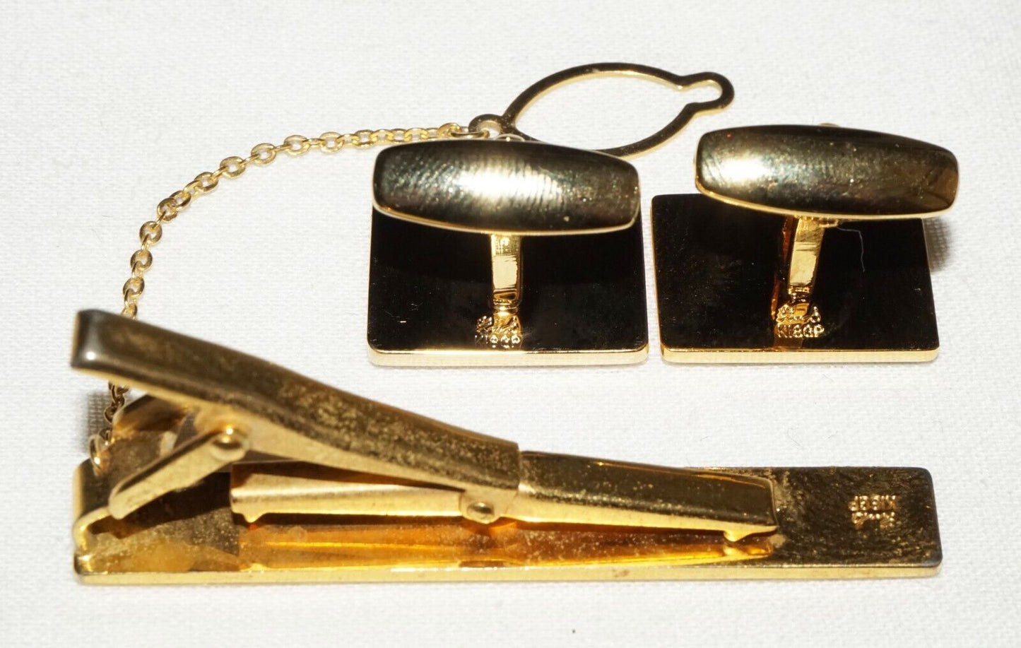 3Pc Japanese 18k Gold Plated Tie Clasp & Cufflinks w. Lacquer Flower Motif (OdC)