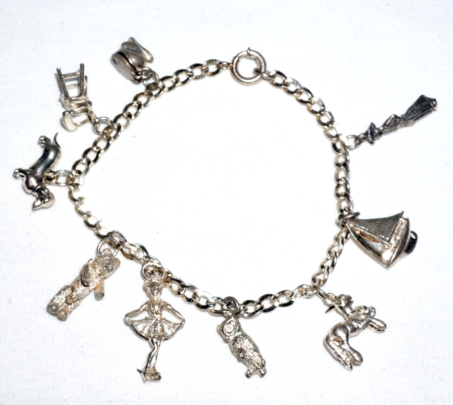 Vintage Sterling Silver Charm Bracelet w. 9x Charms Ballerina Wiener Dog (BrM)#6