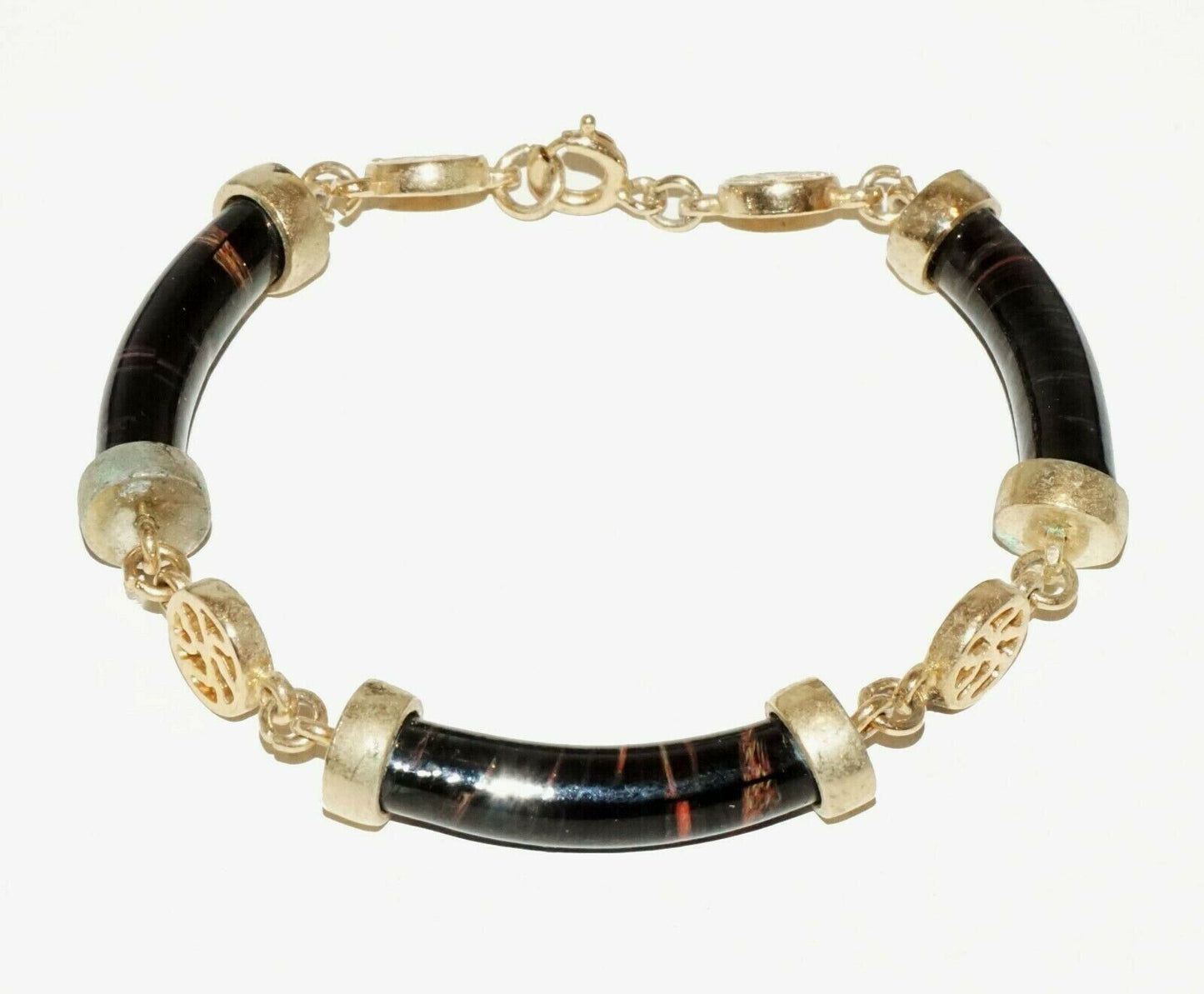 Chinese Gold-plated Black Coral Sectional Bracelet w. Character Motif (BrM)#7