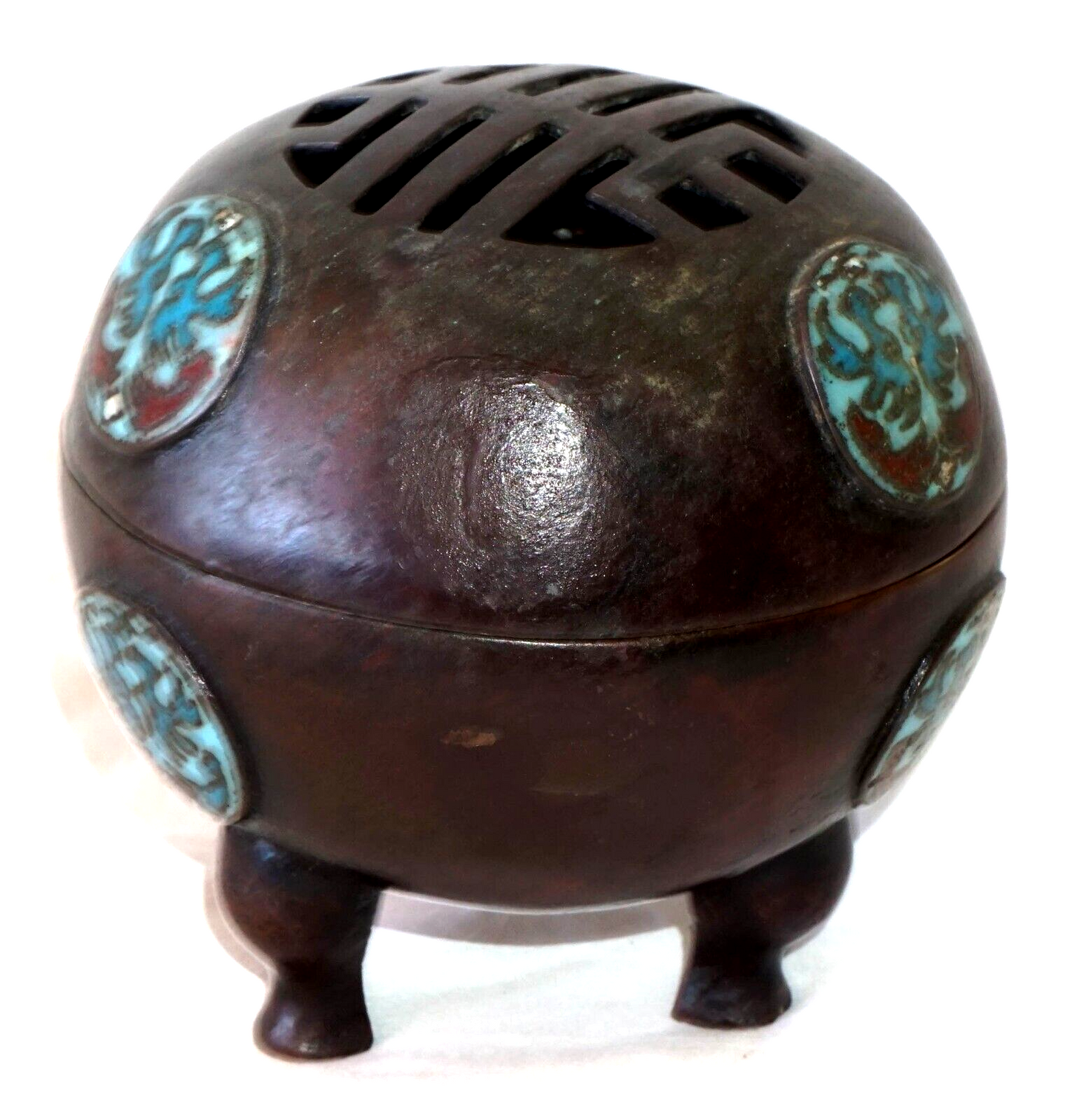 19C Chinese Qing Bronze Globular Tripod Incense Burner Champlevé Medallions (ChB