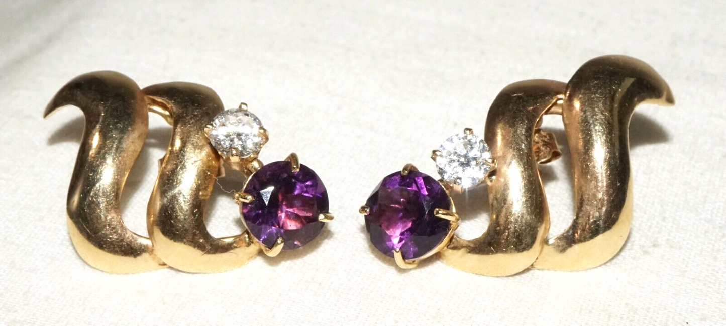 Vintage Modernist 14k Yellow Earrings 2x Amethysts & 2x Cubic Zirconia (GoB)#18b