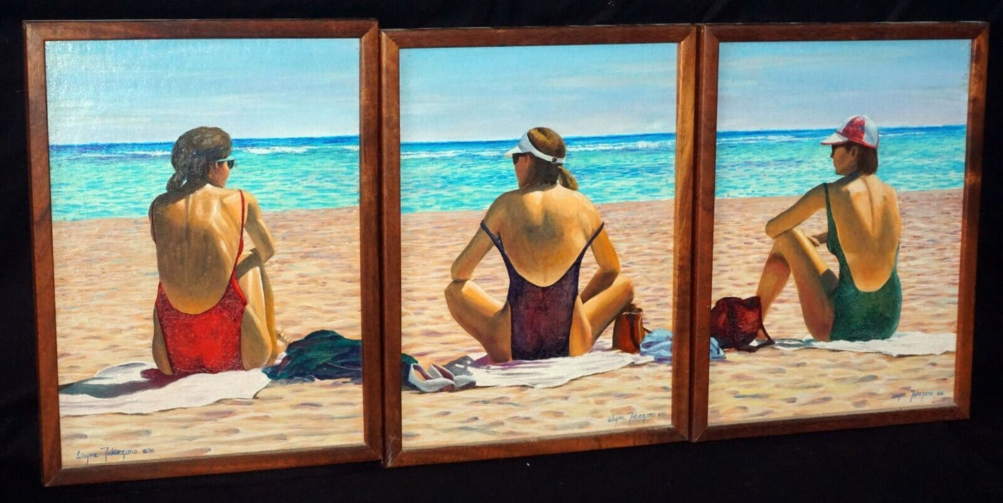 1988 Hawaii Framed Oil Painting Triptych "Three Friends" by Wayne Takazono (FeH)