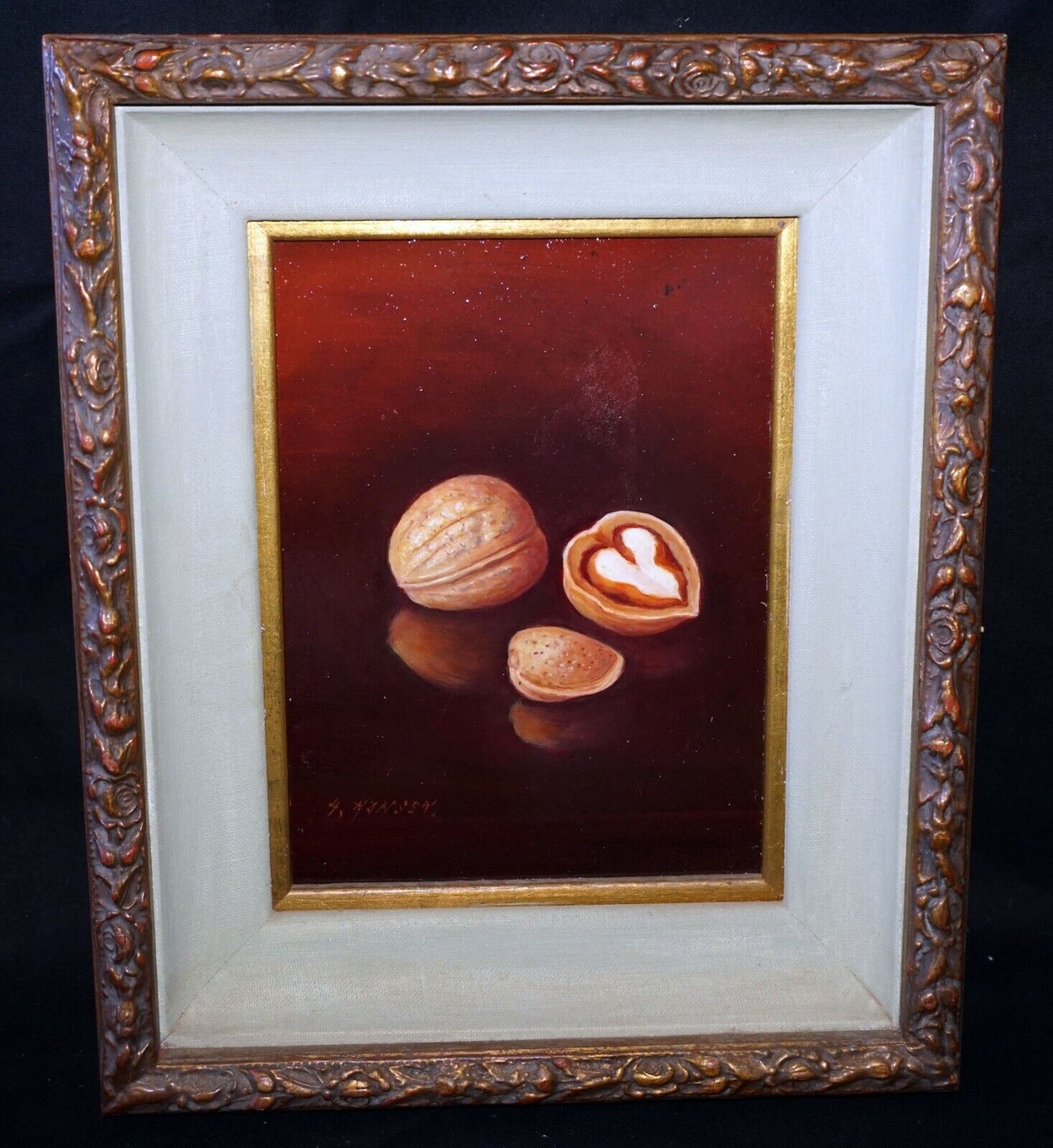 Vintage US Framed Oil Still Life Painting Walnuts by A. Hansen (FeO)