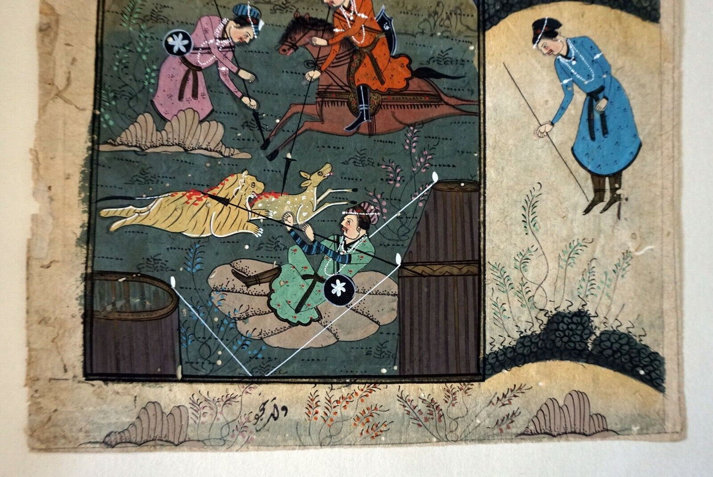 18/19C Indian Color Hunter & Animals Mogul Paintings on Book Page (NiT) #1