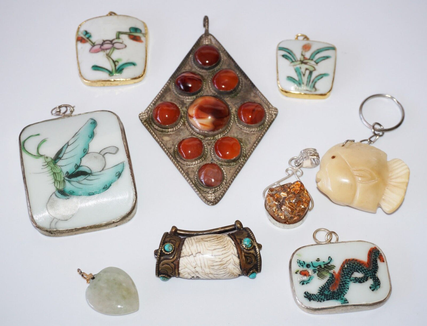9x Vintage & Antique Oriental Silver Chard & Jade Mixed Pendant Lot (Yam)#18