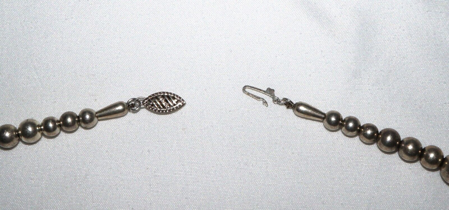Vintage Silver Dark Tone Beaded Necklace w Fish Clasp - 40 inches (QuC)