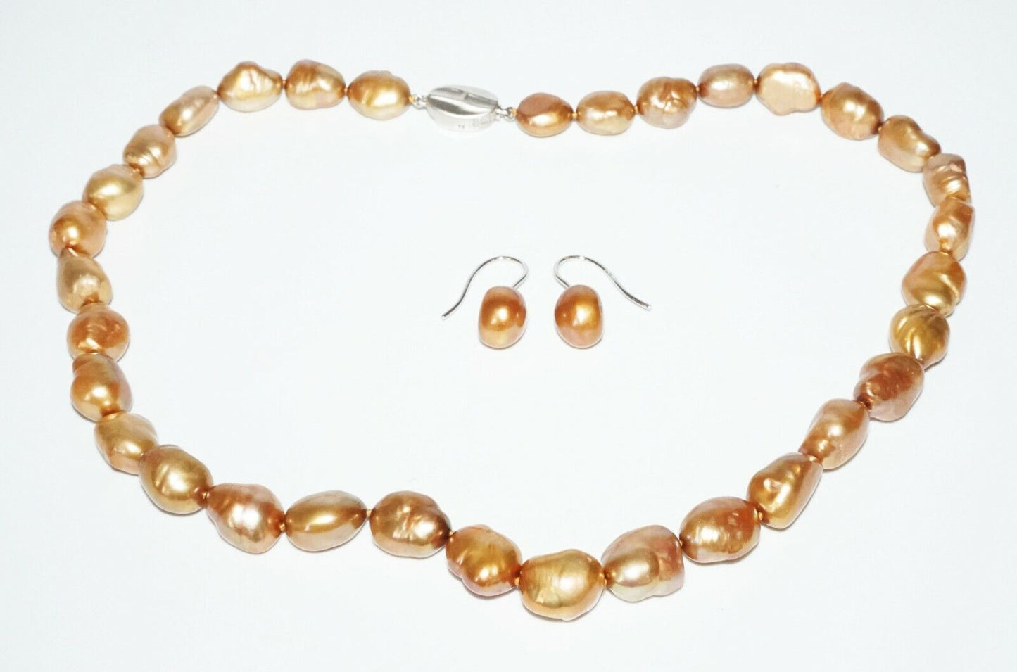 3Pc Chinese Sterling Silver Golden Baroque Pearl Necklace & Earrings (SaR)#442