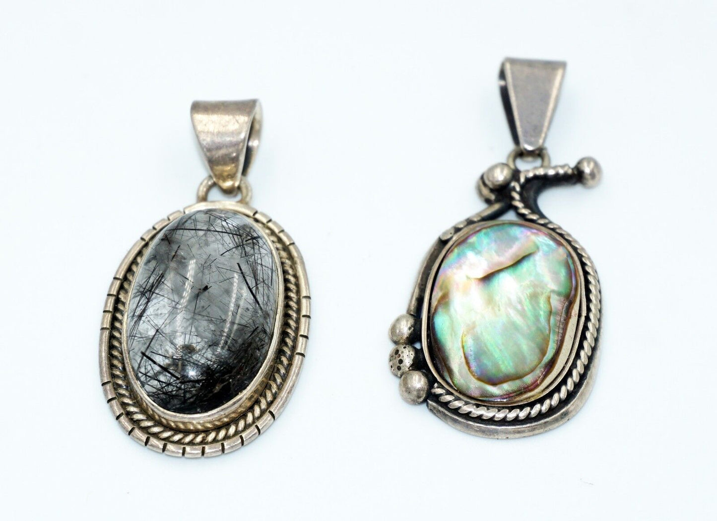 2x Vintage Sterling Silver Pendants w Hair Crystal & Abalone Shell Accents (Tra)
