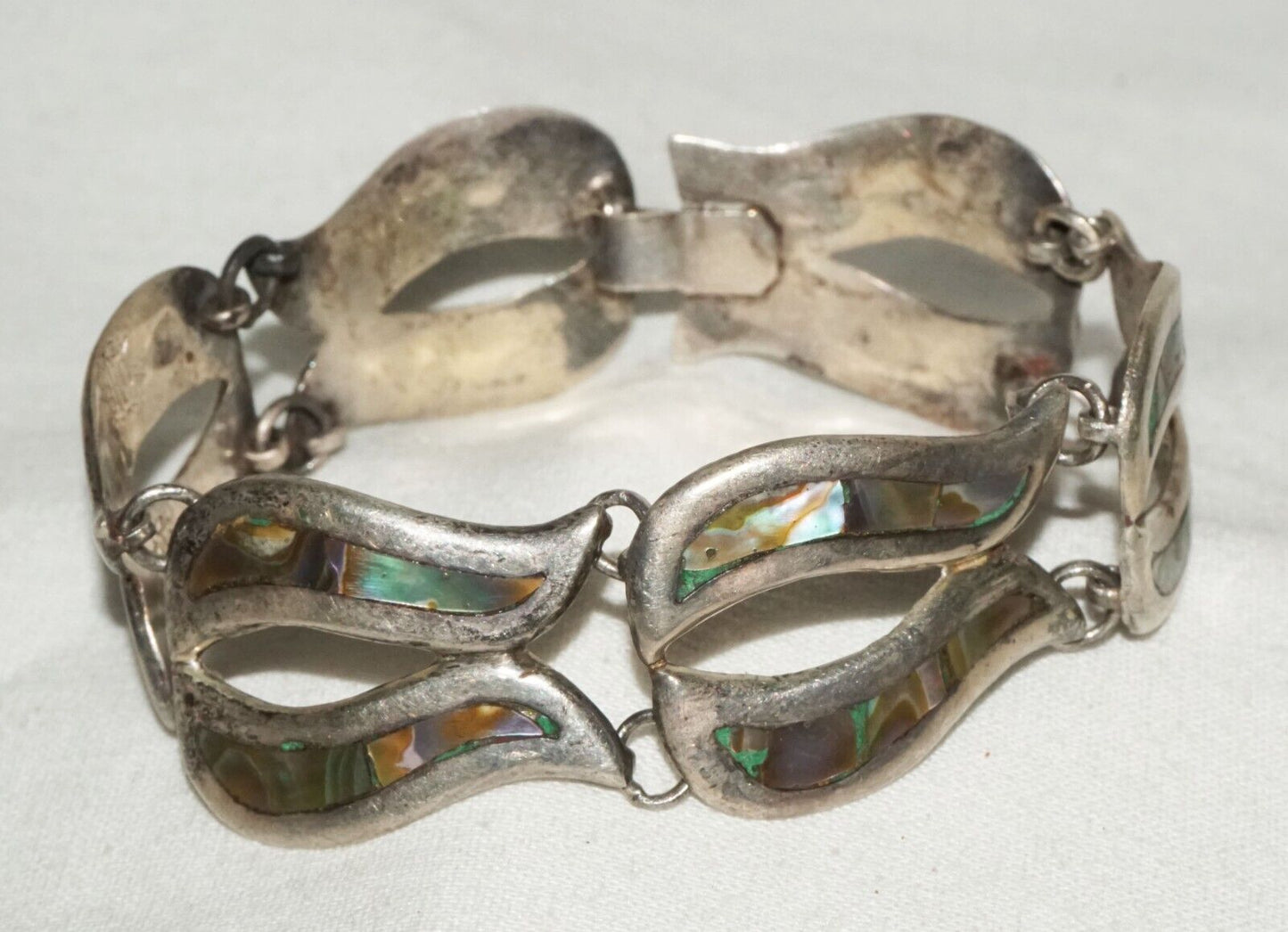 Vintage Mexican Modernist Sterling Silver & MoP Link Bracelet by DHS (TuD)