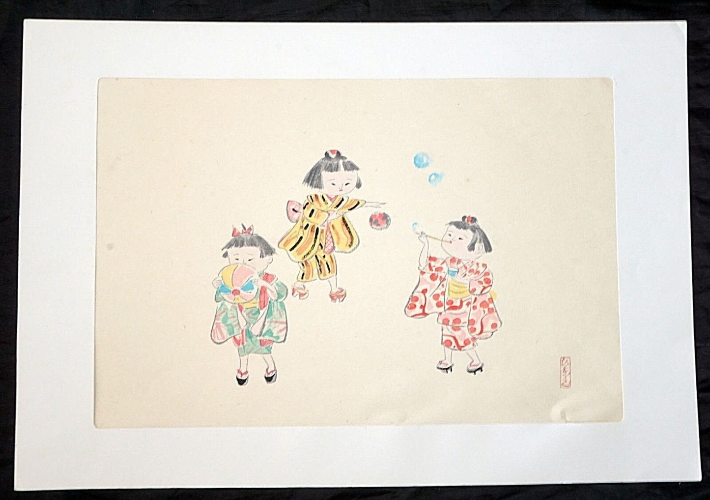 60s Japanese Woodblock Print Three Girls Blowing Bubbles Hitoshi Kiyohara (***)