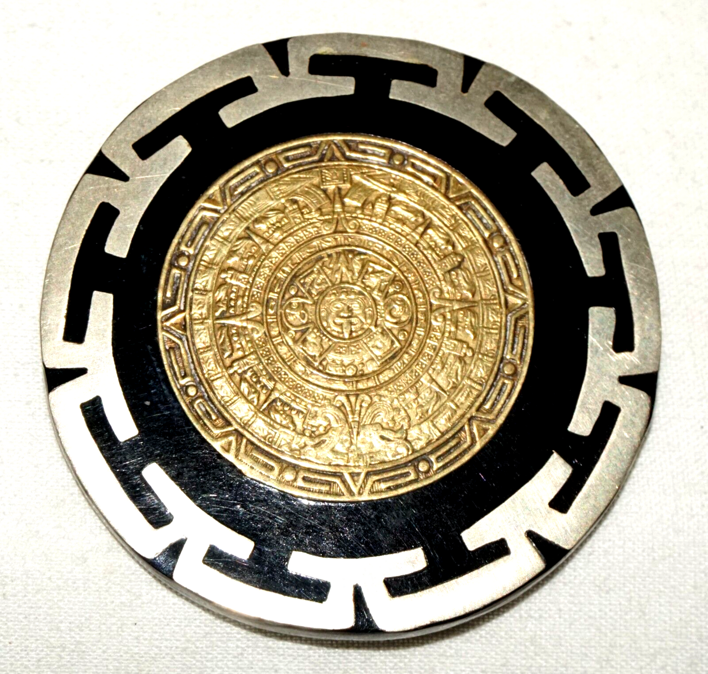 Vintage Mexico Alpaca Silver & Gold Mayan Calendar Plaque Brooch Pin (LeS)L24
