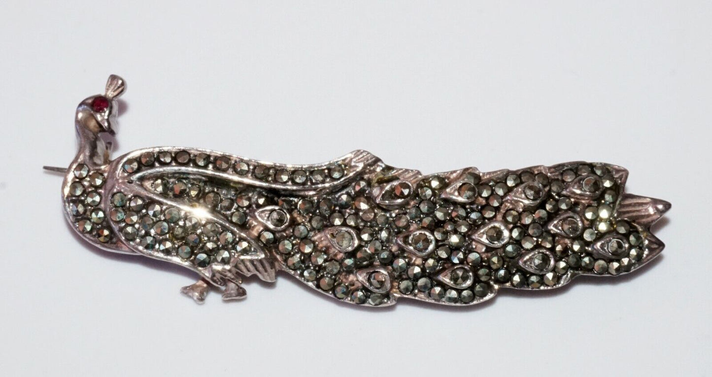Vintage Sterling Silver Peacock Motif Brooch Pin w. Marcasite Accents (***)
