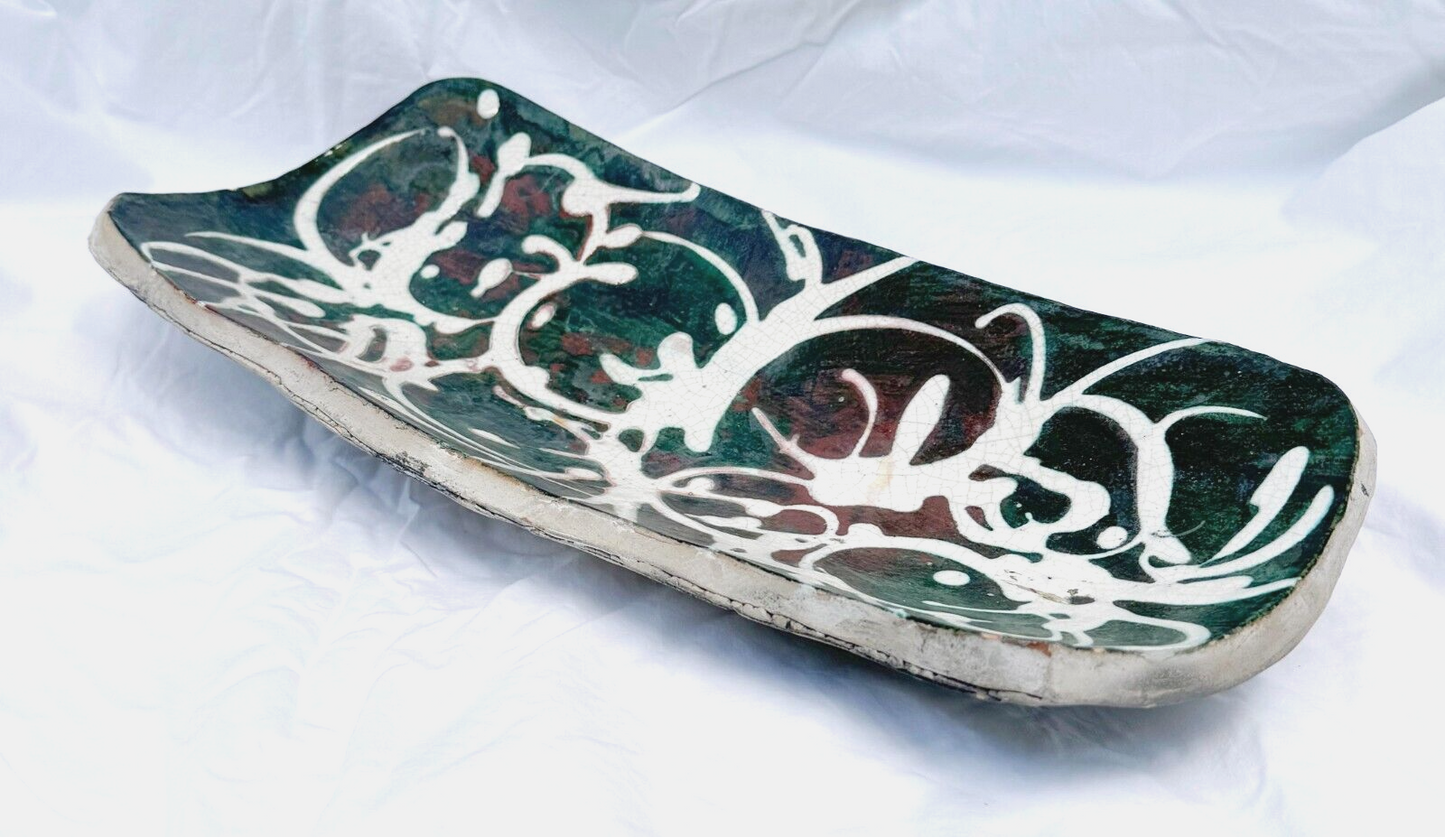 Vintage Abstract Deep Red & Green Swirled Ceramic Platter by David Kuraoka (MoM)