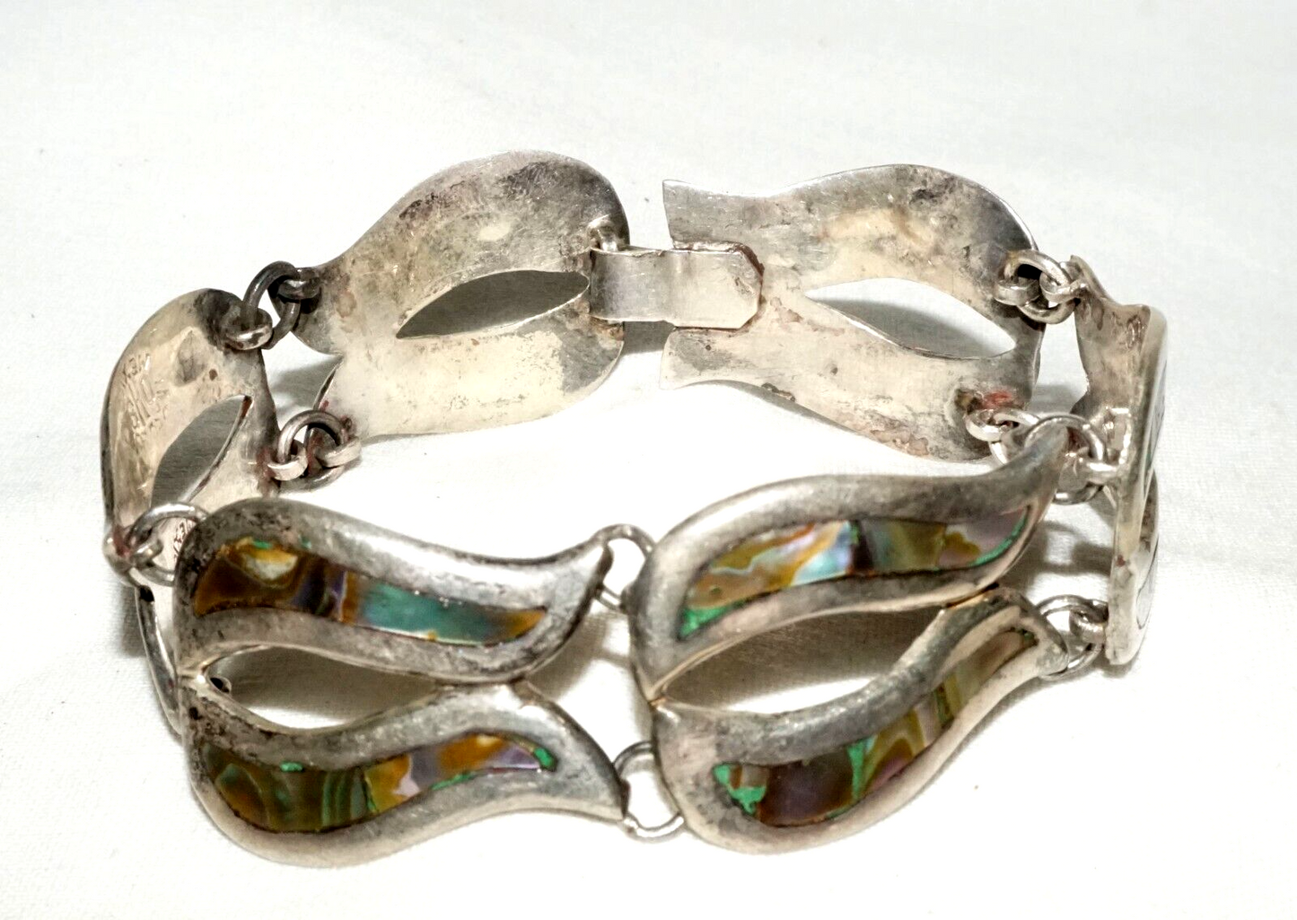 Vintage Mexican Modernist Sterling Silver & MoP Link Bracelet by DHS (TuD)
