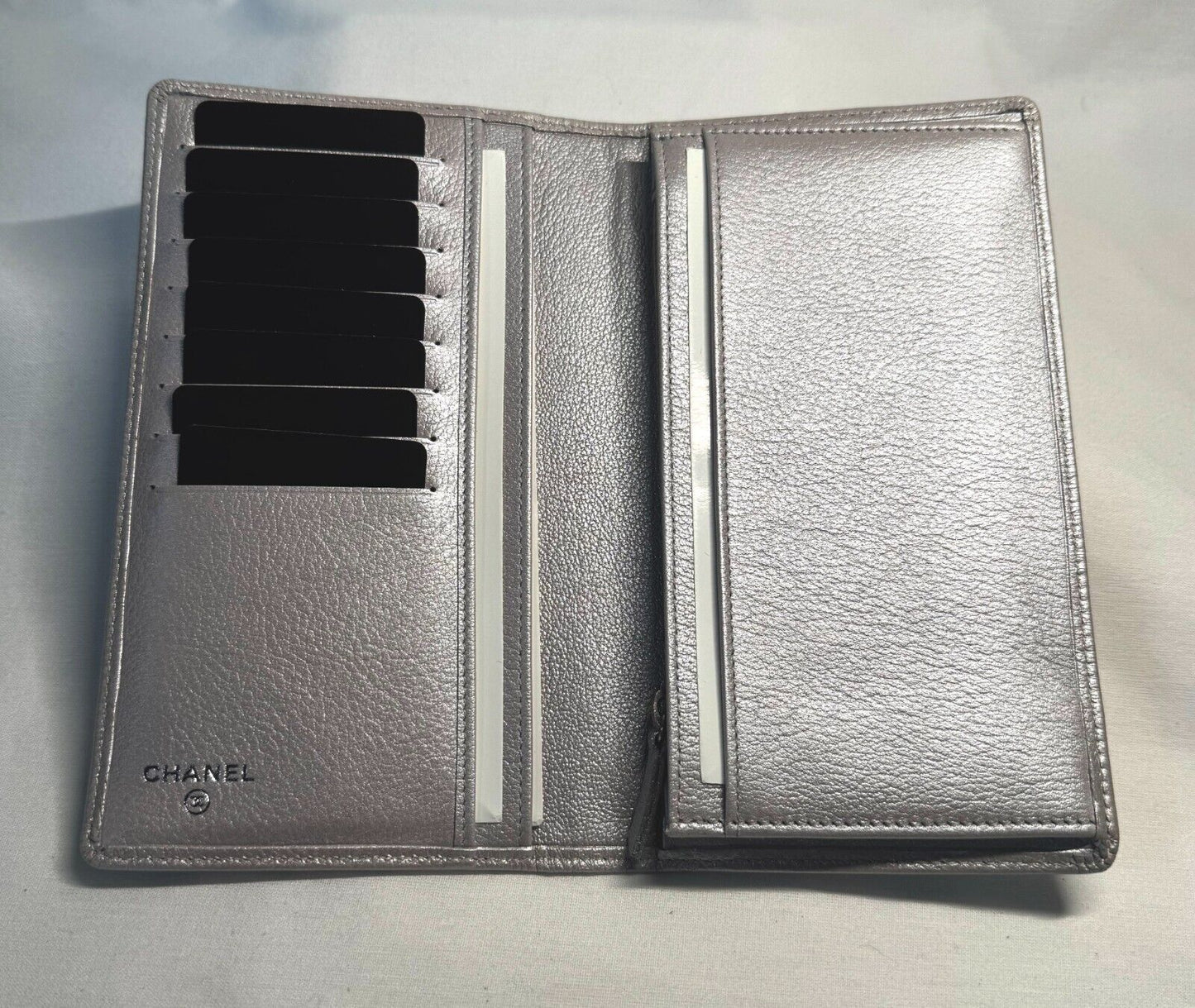 Chanel Camellia Silver Bifold Lambskin Wallet w Box, Inserts, Dust Cloth (InS)67