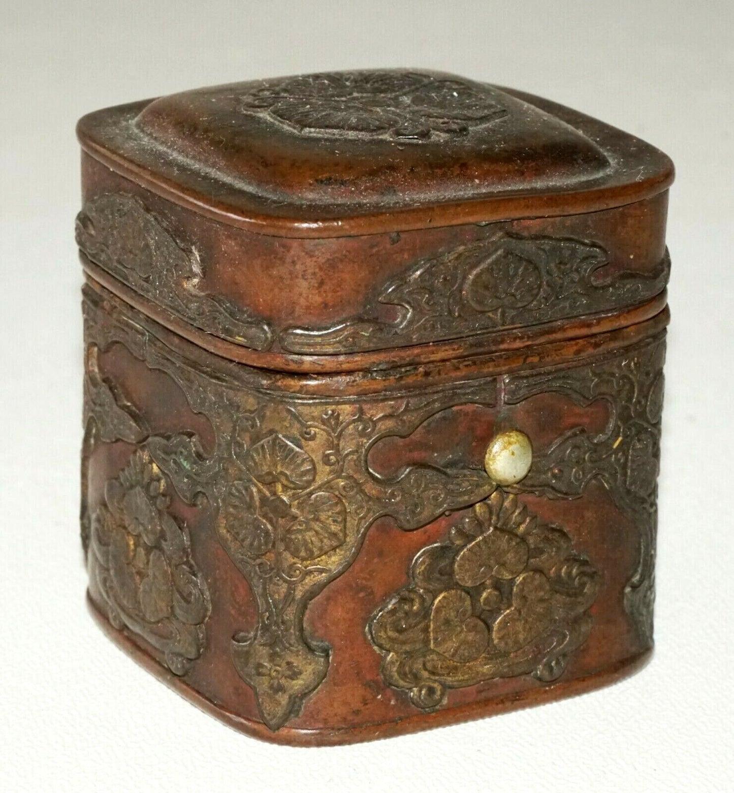 19C Japanese Edo Period Hinged Top Copper Ink Container Box w. Crest (MoW)