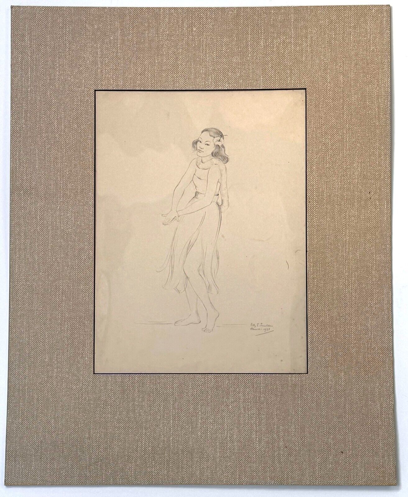 Vintage 1938 Pencil Drawing of Hawaiian Hula Dancer by Lily E. Smulders (KoR)