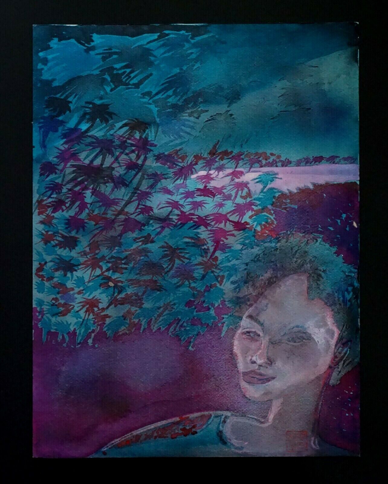 France Hawaii Outsider Art WC Painting Windy Night Beach Claude Vedel (EtJ)#69