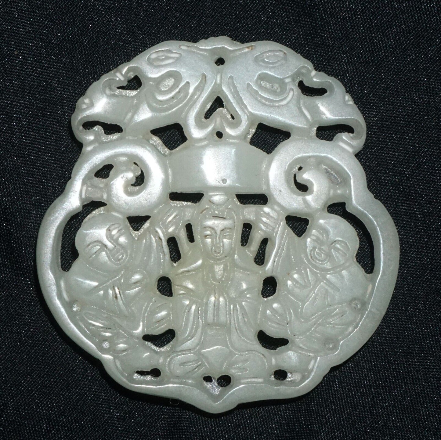 Antique Chinese Nephrite Jade Pierced Pendant Kwan Yin & Twin & Bat Motifs (---)