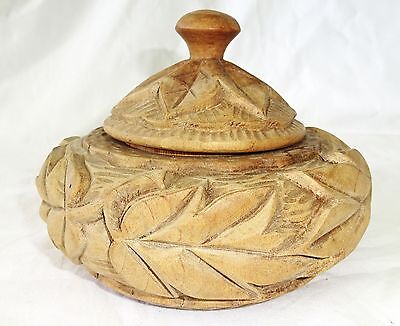 1980s Haitian Wooden Box w Relief Carved Leaf Motif signed Bossant (Stea)