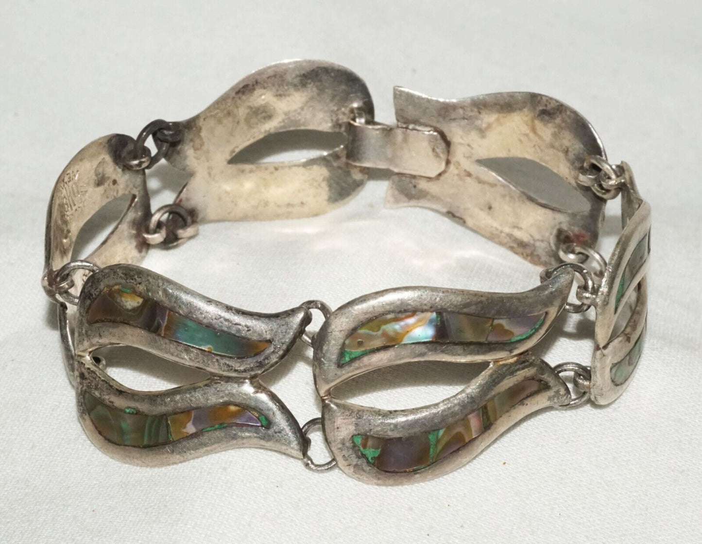 Vintage Mexican Modernist Sterling Silver & MoP Link Bracelet by DHS (TuD)