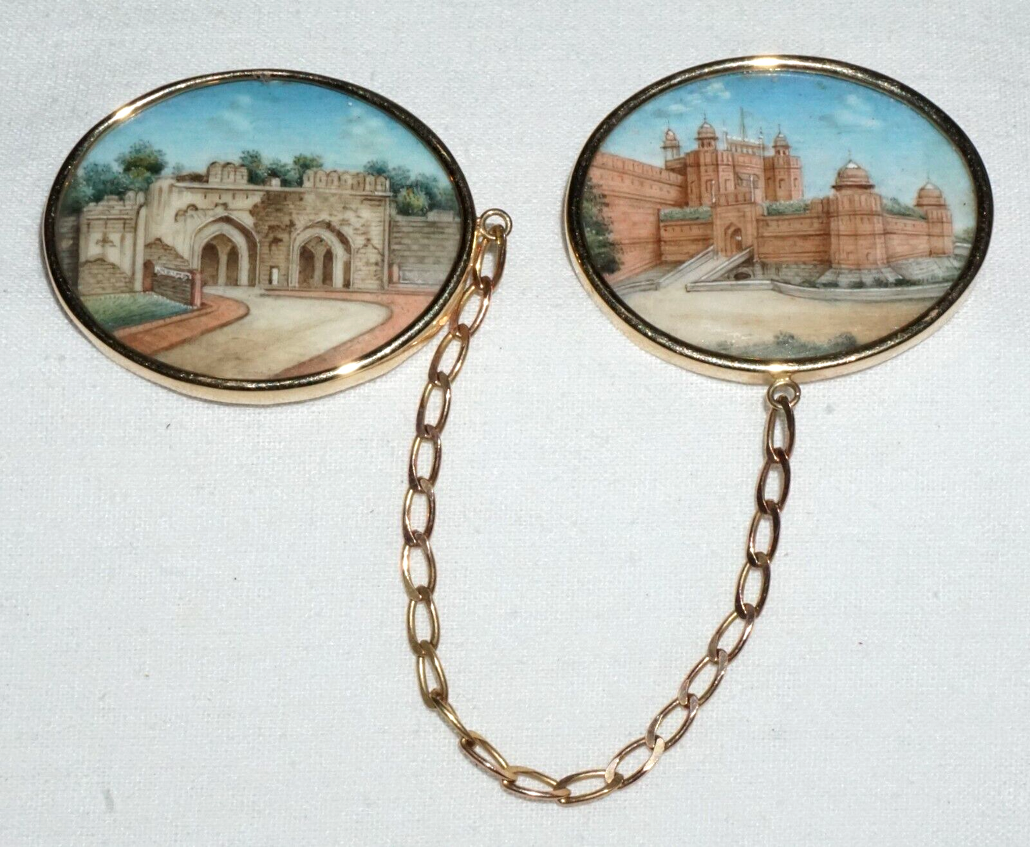 Antique 14k Yellow Gold Oval Painted Plaque w. Castle Motif Double Brooch (GeB)6